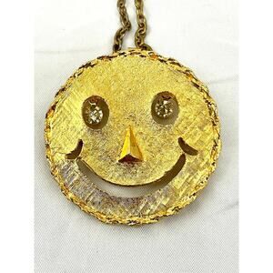 VTG Gold Happy Smile Face Pin Brooch Rhinestone Dangle Eyes With Necklace Chain